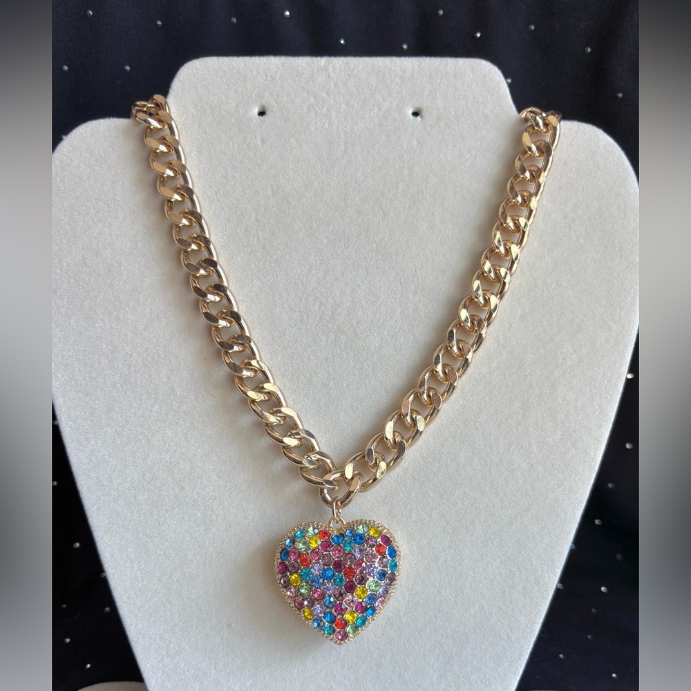Gold-Tone Heart Pendant Necklace with Multicolor Crystal Accents
